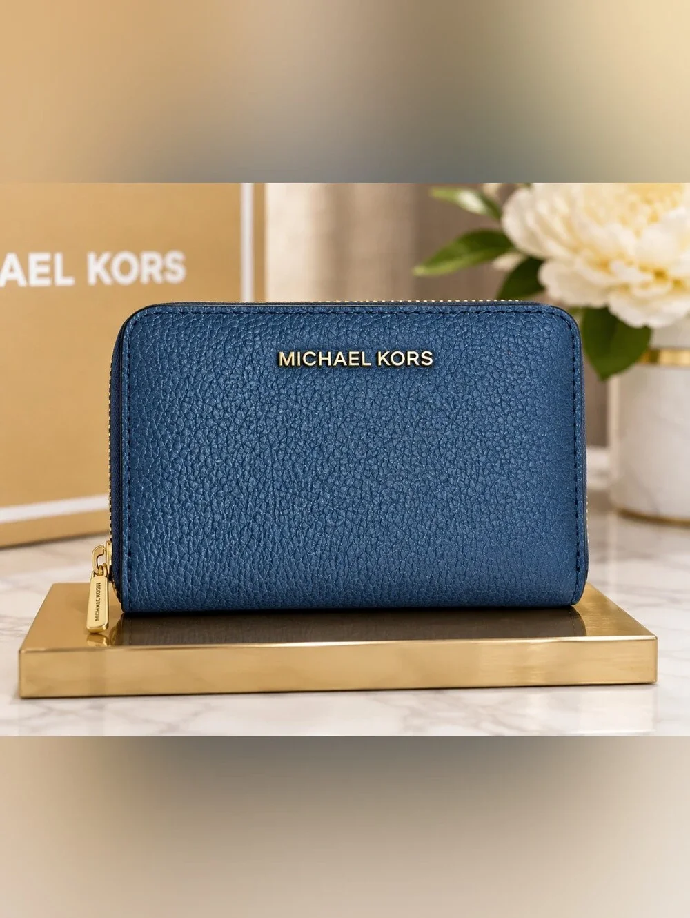 Michael Kors Blue Pebbled Leather Small Zip Around Wallet Gold Hardware